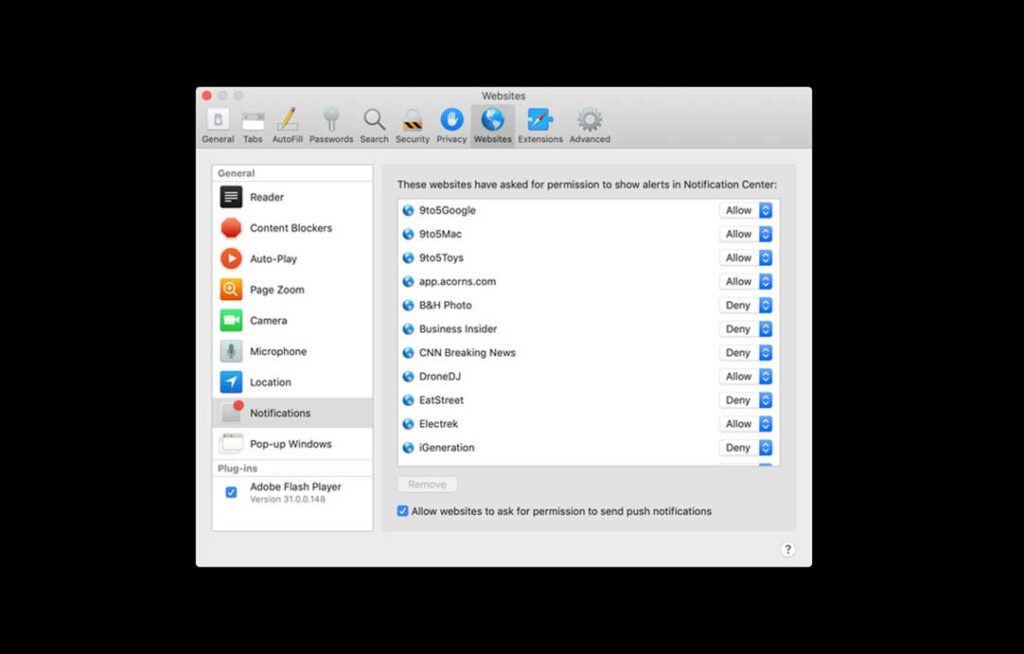 supprimer notifications safari mac