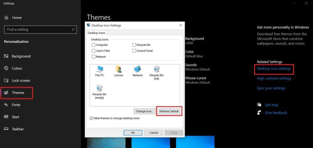 restore default display settings windows 10