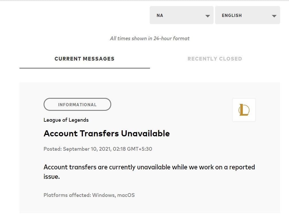League of Legends Account Transfers Unavailable or Disable to North