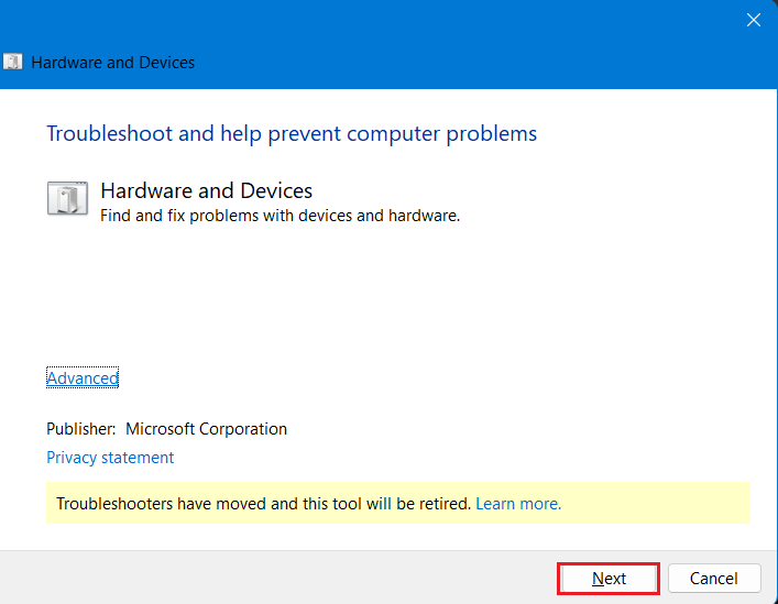 Click Next to run Hardware Troubleshooter 
